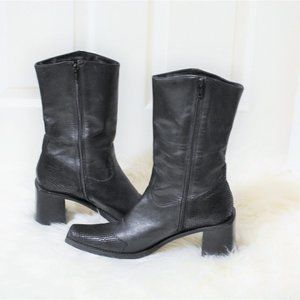 Tall Black Leather Block Heel Square Toe Boots Size 10